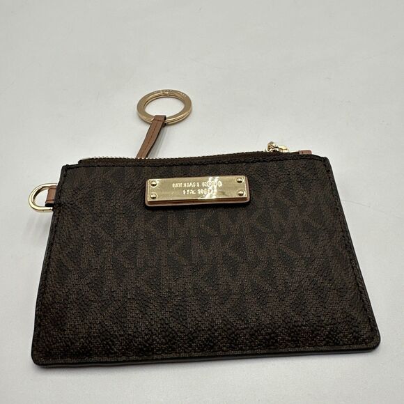 Michael Kors Wristlet Card Case Coin Purse Brown Logo Zip Small Wallet No Strap - Picture 1 of 8